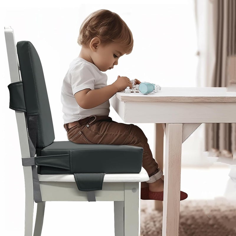 Eiury Booster Seat for Dining Table, PU Anti-Scratch Easy Cleaning Kids Toddler Booster Seat for Table, Portable Travel Increasing Cushion for Chair - Dark Grey - Image 2